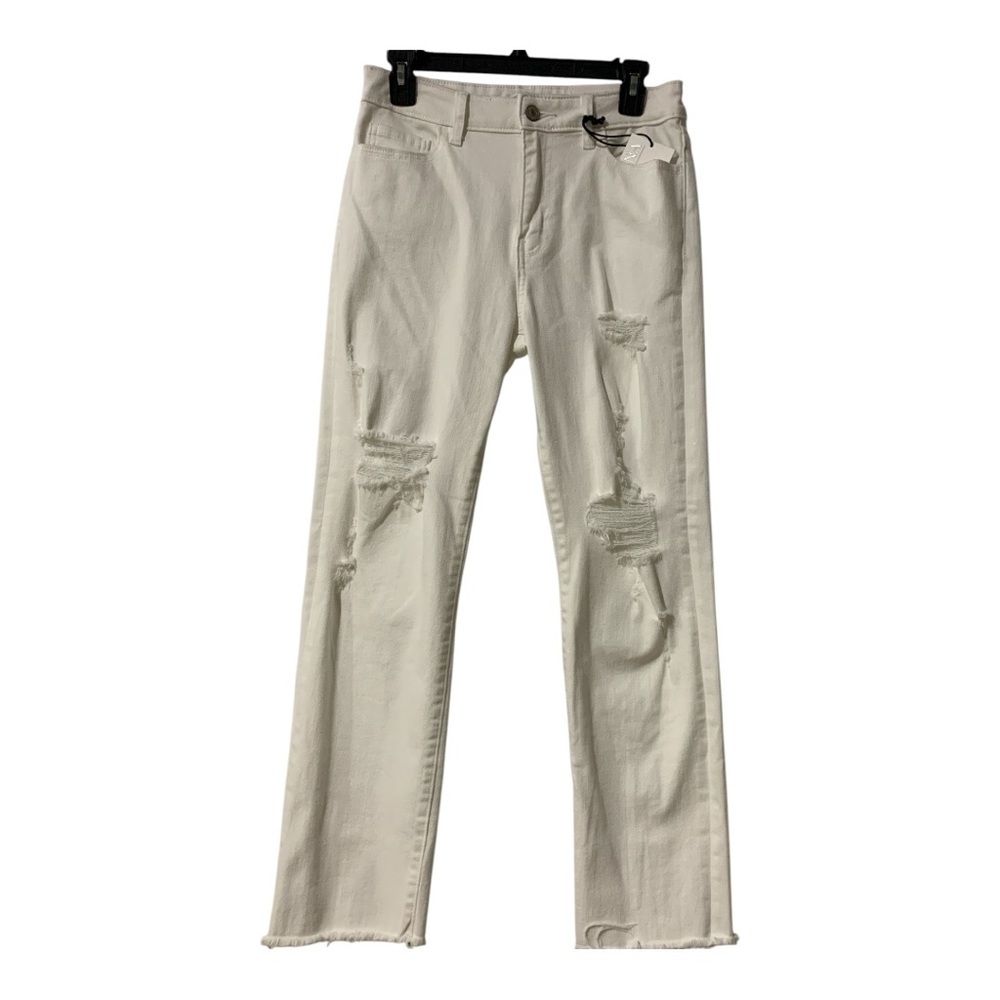 White Distressed Straight Leg Jeans Size 28 Mid Rise Raw Hem NWT - Picture 2 of 11